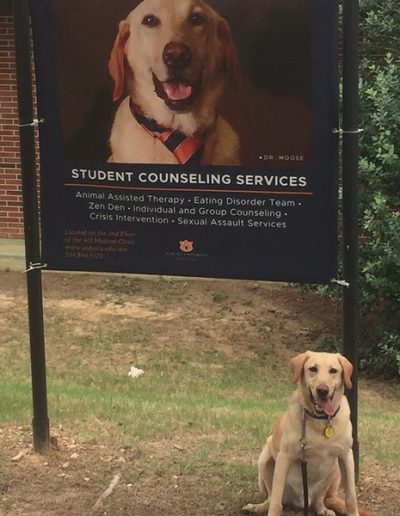 Dogtor Moose shows off his Auburn Student Affairs signage