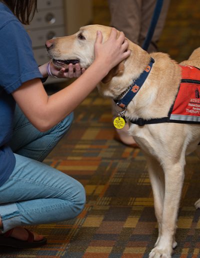 Dogtor Moose visits with Auburn students